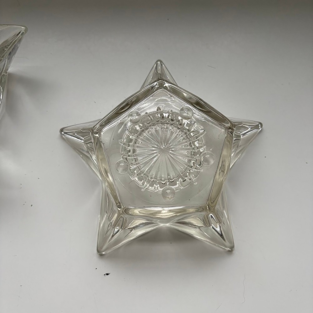 Vintage Clear Pressed Glass Star Candle Holders Set of 2 Celestial Sunburst Base - Picture 4 of 6